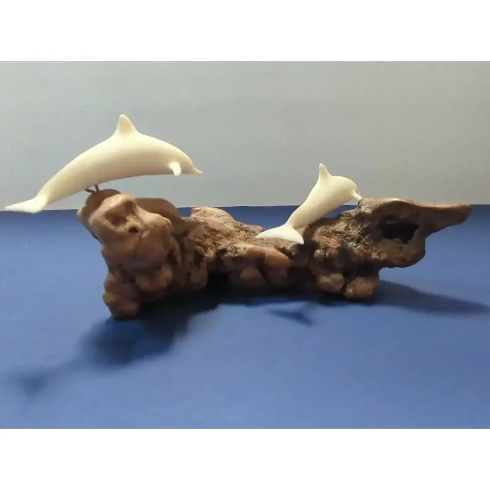 Vintage John Perry 9 In Dolphin Sculpture with Burlwood Base Collectible Figures